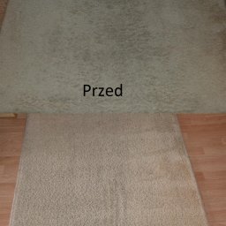 Flame Mariusz Wnuk - Kremowy dywan shaggy: góra - 'Przed' z widocznymi plamami, dół - 'Po praniu', odświeżony, na tle paneli. Porównanie efektu czyszczenia.
