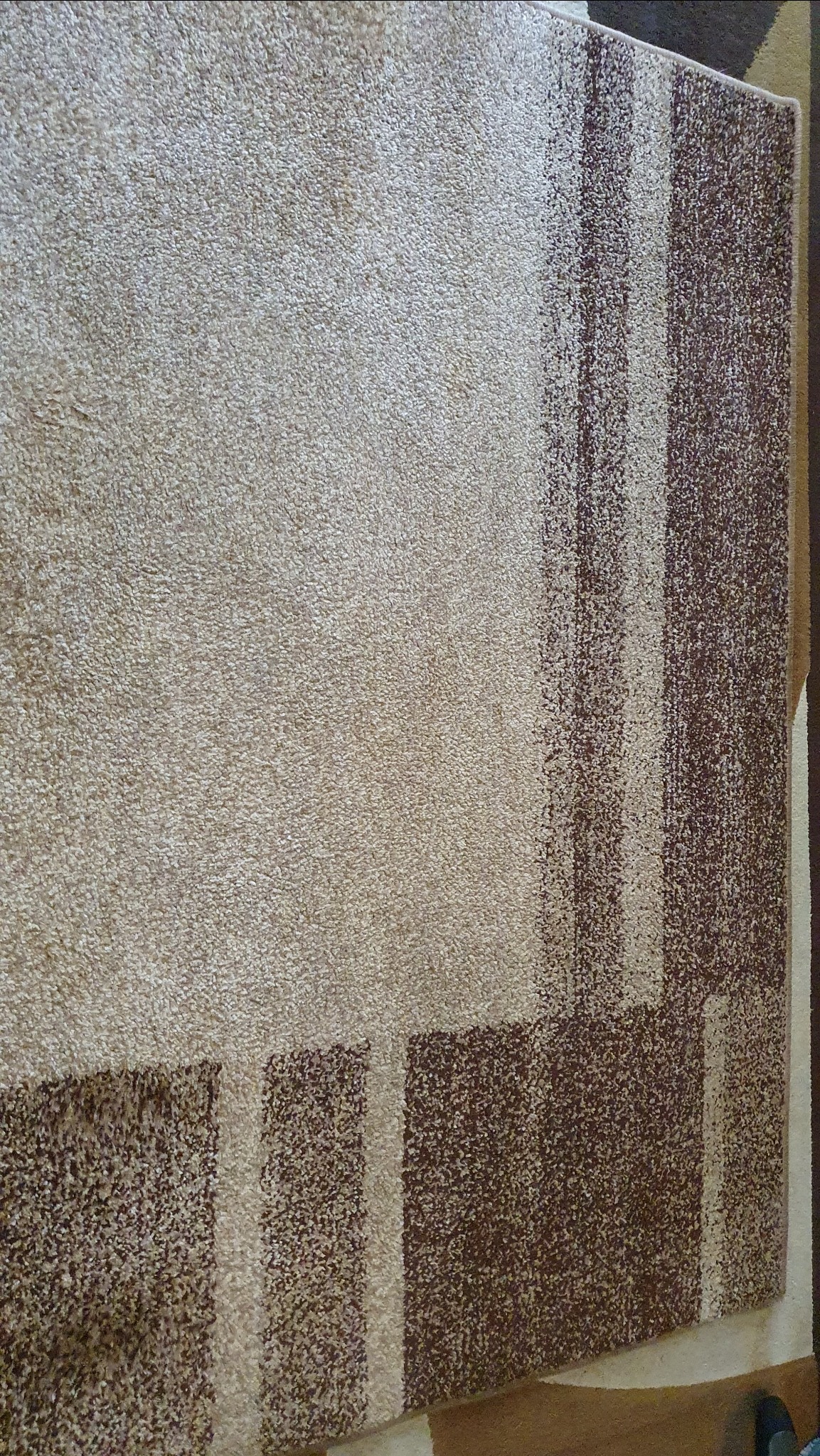 Wyczyszczony dywan w odcieniach beżu i brązu z geometrycznym wzorem, po praniu w Przeźmierowie. Widoczne detale struktury włókien.