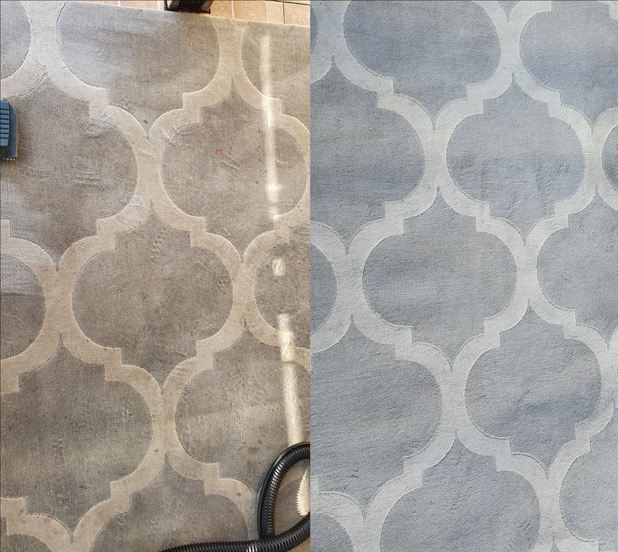 Dywan z geometrycznym wzorem, prezentujący efekt czyszczenia: po lewej stronie widoczna zabrudzona powierzchnia, po prawej - czysty, odświeżony dywan.