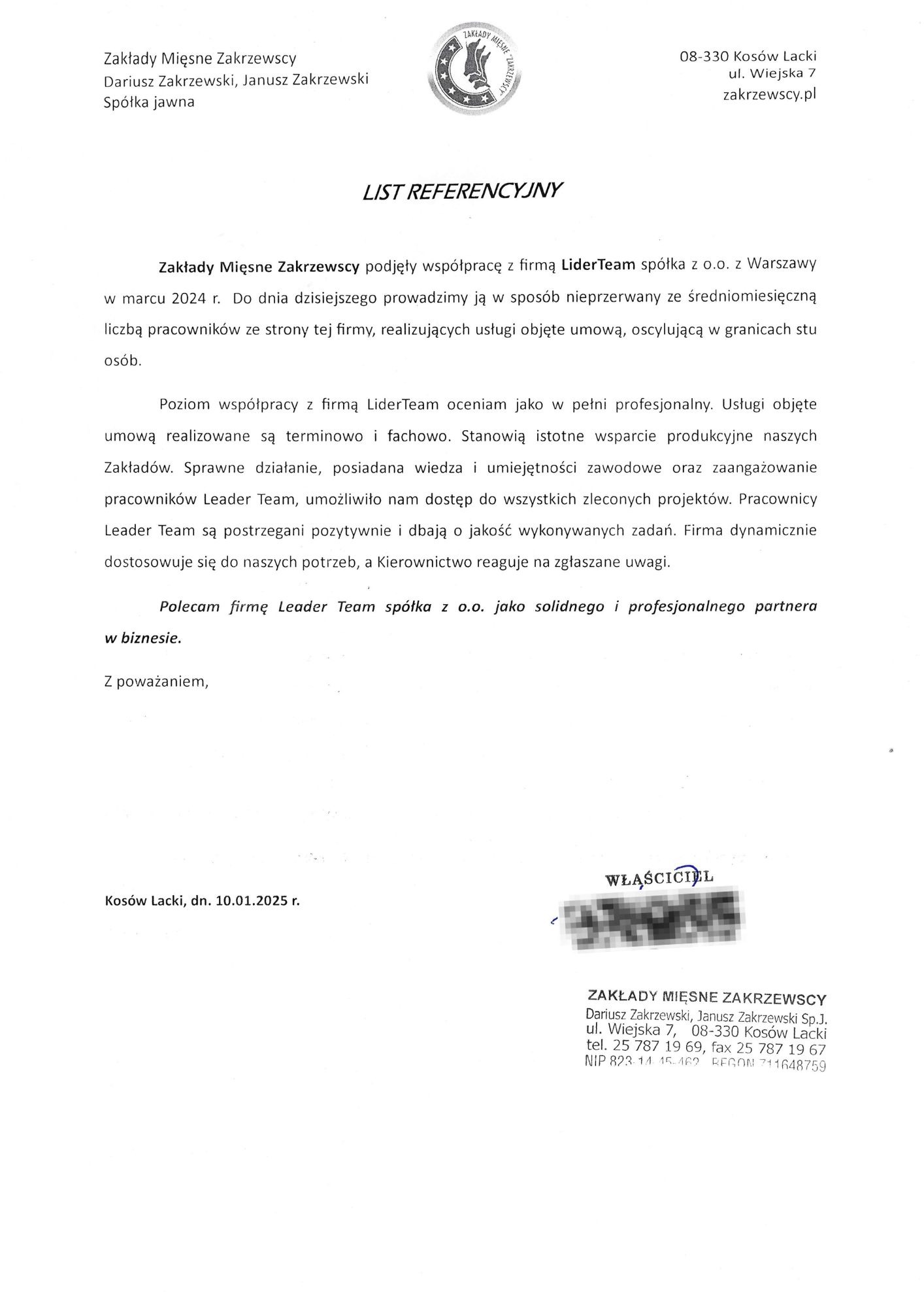 Referencja dla Leader-Team - Zakłady Mięsne Zakrzewscy