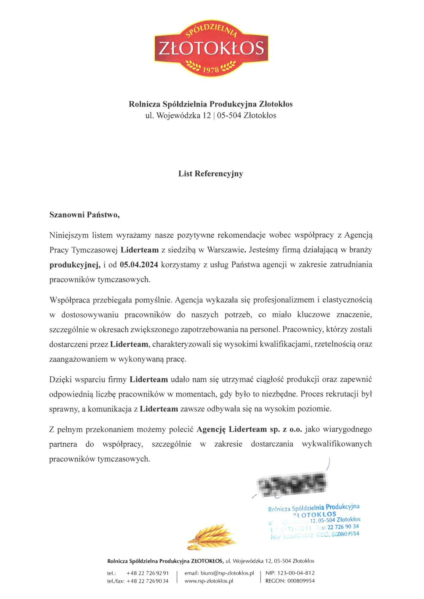 Referencja agencji pracy Leader-Team - Rolnicza Współdzielnia Produkcyjna Złotokłos