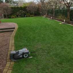 Marek Kolański Ogrody - Robot koszący trawę na tle wypielęgnowanego, zielonego trawnika z kwitnącymi drzewami i krzewami. Widoczna kostka brukowa i oświetlenie ogrodowe.