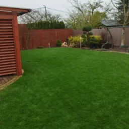 Zadbany trawnik z widocznymi śladami po aeracji, otoczony ozdobnymi krzewami i elementami architektury ogrodowej, takimi jak drewniana pergola i huśtawka.