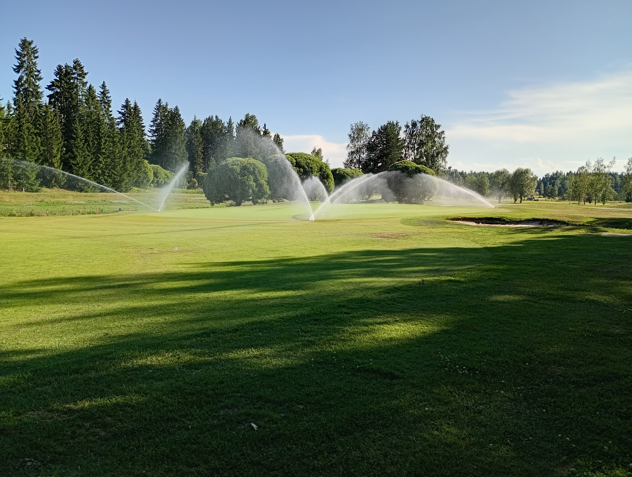 Automatyczne nawadnianie trawnika na polu golfowym w Majdanie Królewskim. W tle drzewa i błękitne niebo. System rozpyla wodę szerokim strumieniem.