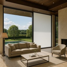 Revelio Smart Folia Marcin Wiśniewski - Nowoczesny salon z panoramicznym oknem i przesłoną okienną, widok na basen i zieleń. Minimalistyczny wystrój, beżowa sofa i fotel.