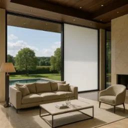 Nowoczesny salon z panoramicznym oknem i przesłoną okienną, widok na basen i zieleń. Minimalistyczny wystrój, beżowa sofa i fotel.