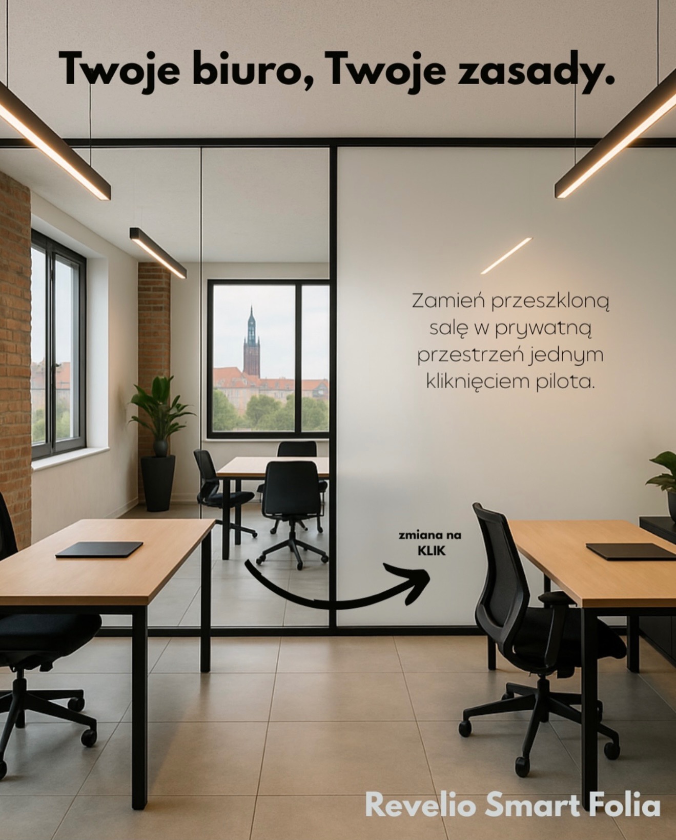 Inteligentna folia przyciemniająca szyby w biurze w Oleśnicy. Przeszklona sala konferencyjna z funkcją zmiany w przestrzeń prywatną za pomocą jednego kliknięcia.
