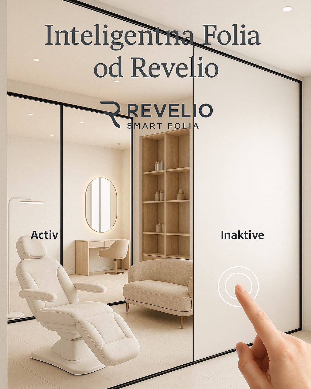 Szklane drzwi z inteligentną folią Revelio: tryb aktywny i nieaktywny. Dłoń dotyka ekranu. W tle fotel kosmetyczny i regał.