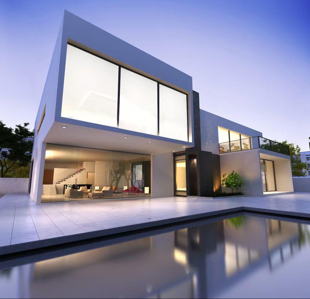 Elegancki, nowoczesny dom z dużymi szklanymi oknami, tarasem i odbiciem w wodzie. Minimalistyczny design, jasne wnętrze. Widok z zewnątrz, wieczorne oświetlenie.