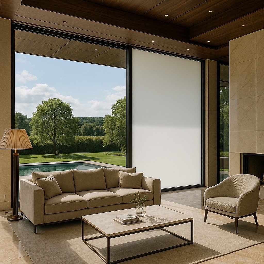 Nowoczesny salon z panoramicznym oknem i przesłoną okienną, widok na basen i zieleń. Minimalistyczny wystrój, beżowa sofa i fotel.