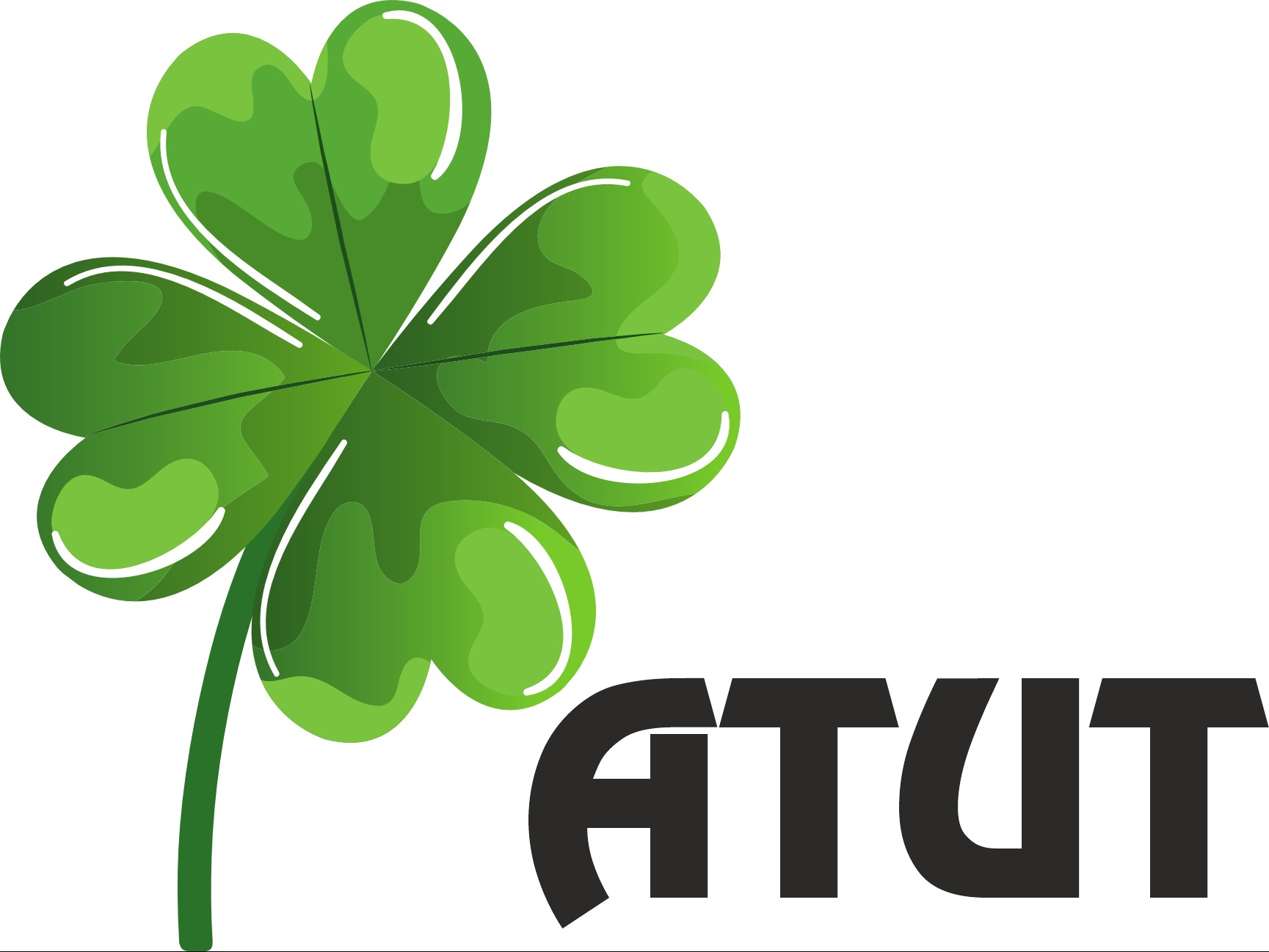 Grafika: Czterolistna koniczyna w odcieniach zieleni z czarnym napisem 'ATUT' poniżej, na białym tle. Symbol szczęścia i pomyślności.