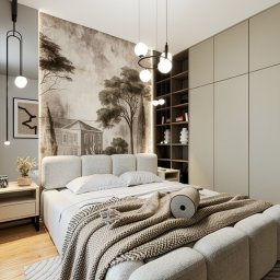 Jasna sypialnia z łóżkiem, wzorzystą tapetą i nowoczesnym oświetleniem. Beżowa kolorystyka, drewniana podłoga i minimalistyczny design. Widok na szafę i drzwi.