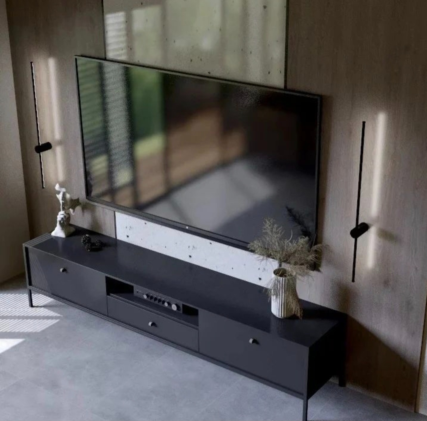 Stylowa ściana TV z podświetleniem LED, minimalistyczna szafka RTV w odcieniach szarości, dekoracje i betonowe panele ścienne tworzą nowoczesny design wnętrza.