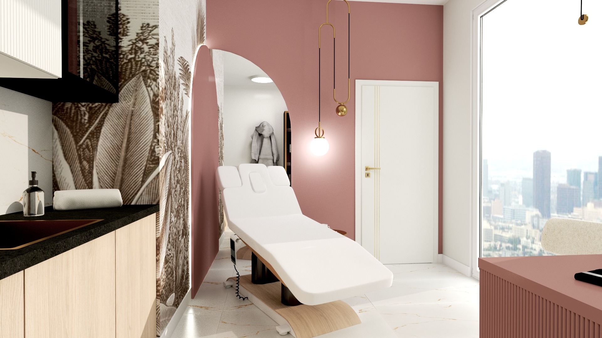 Nowoczesny gabinet kosmetyczny z białym fotelem zabiegowym na tle ściany w odcieniach różu i widokiem na miasto przez duże okno. Elementy dekoracyjne w kolorze złota.