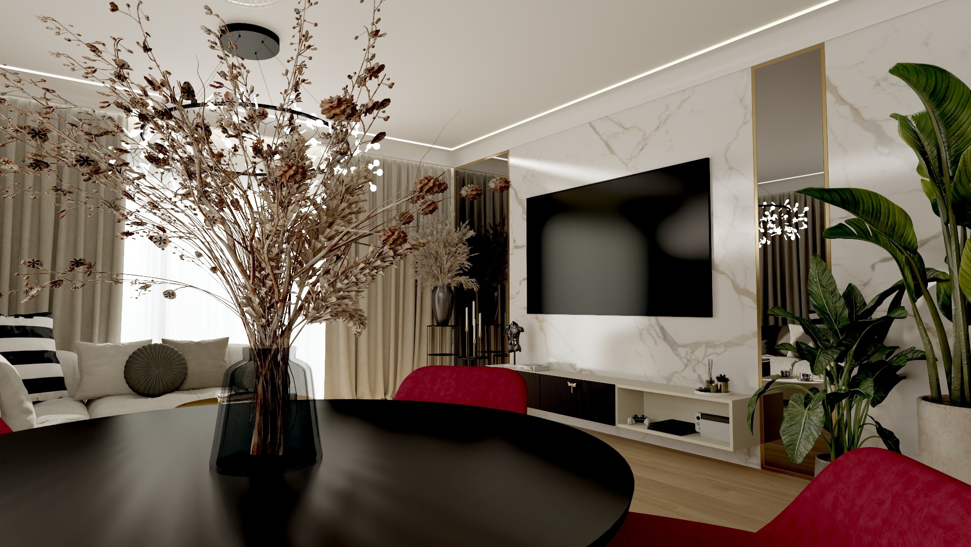 Eleganckie wnętrze salonu z okrągłym, czarnym stołem na pierwszym planie, marmurową ścianą i telewizorem w tle. Wazon z suchymi kwiatami dodaje aranżacji naturalnego charakteru.