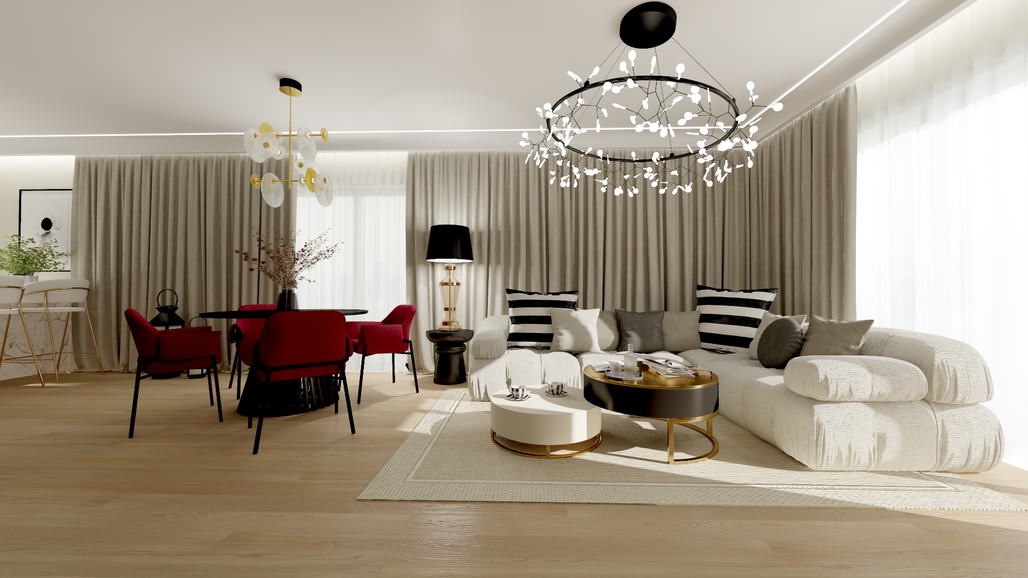 Elegancki salon z beżowymi zasłonami, czerwonymi krzesłami przy czarnym stole i sofą w odcieniach bieli. Dwie nowoczesne lampy wiszące dodają wnętrzu charakteru.