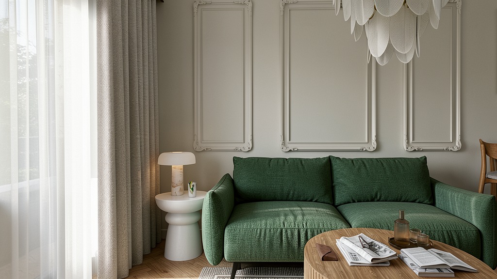 Stylowy salon z zieloną sofą, okrągłym stolikiem kawowym i dekoracyjnymi ramami na ścianie. Delikatne światło wpadające przez okno z firanami. Nowoczesny design wnętrza.