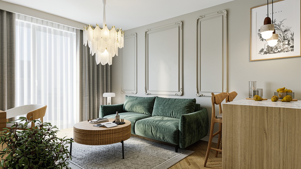 Stylowy salon z zieloną sofą, okrągłym stolikiem kawowym i designerską lampą. Neutralna kolorystyka ścian i podłóg. Uwagę przykuwają dekoracyjne ramy na ścianie.