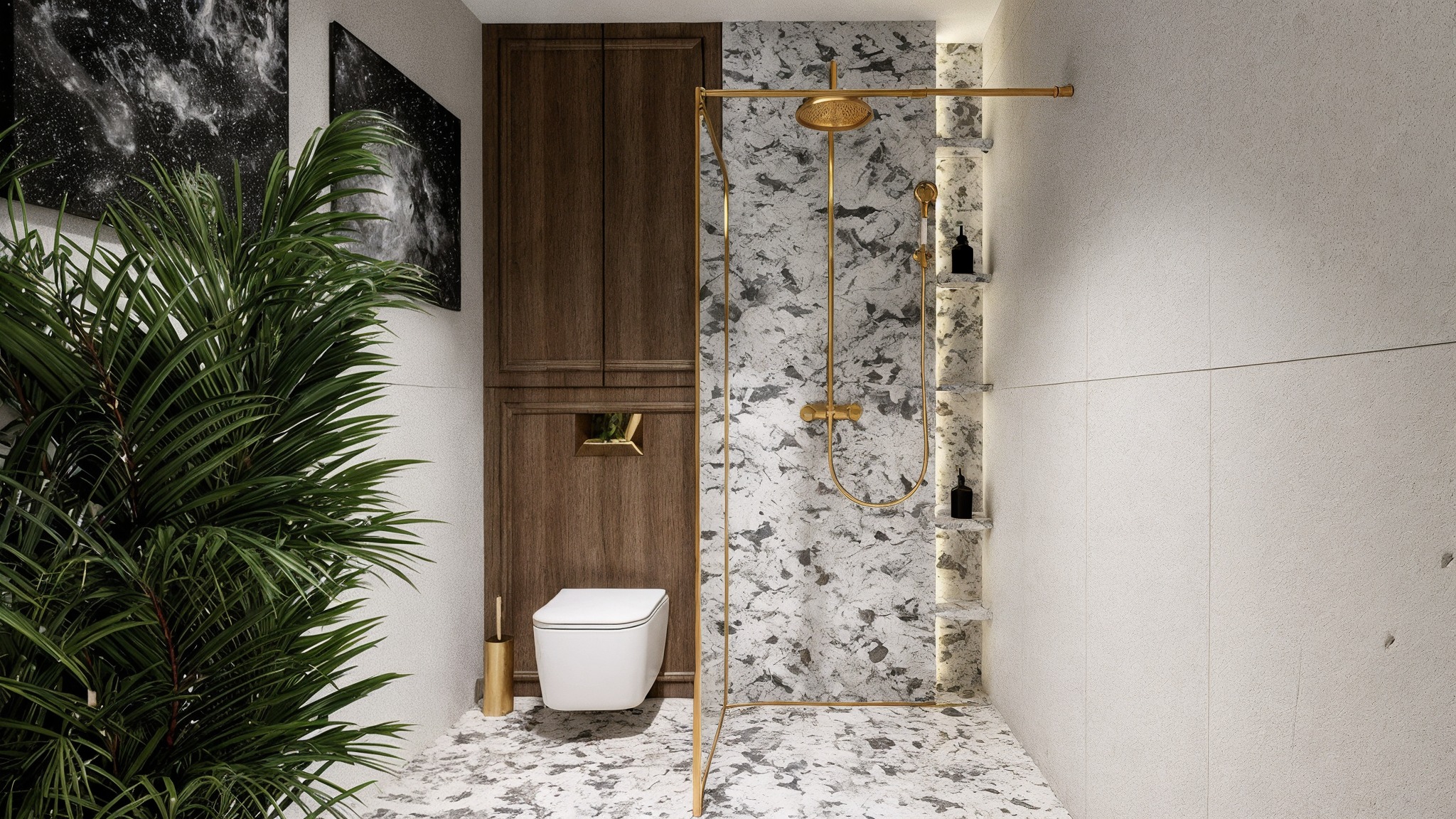 Nowoczesna łazienka z kabiną prysznicową typu walk-in, złotą armaturą i marmurowym wykończeniem. Uwagę przykuwa duża roślina doniczkowa i abstrakcyjne obrazy.