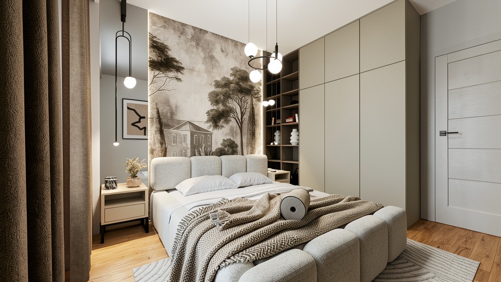 Jasna sypialnia z łóżkiem, wzorzystą tapetą i nowoczesnym oświetleniem. Beżowa kolorystyka, drewniana podłoga i minimalistyczny design. Widok na szafę i drzwi.