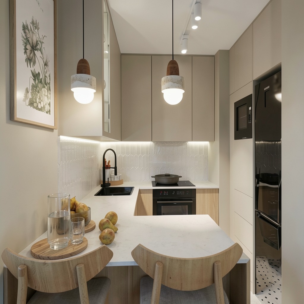Jasna kuchnia z drewnianymi akcentami: minimalistyczne szafki, białe płytki w jodełkę, owoce na blacie i designerskie lampy wiszące. Nowoczesne i przytulne wnętrze.