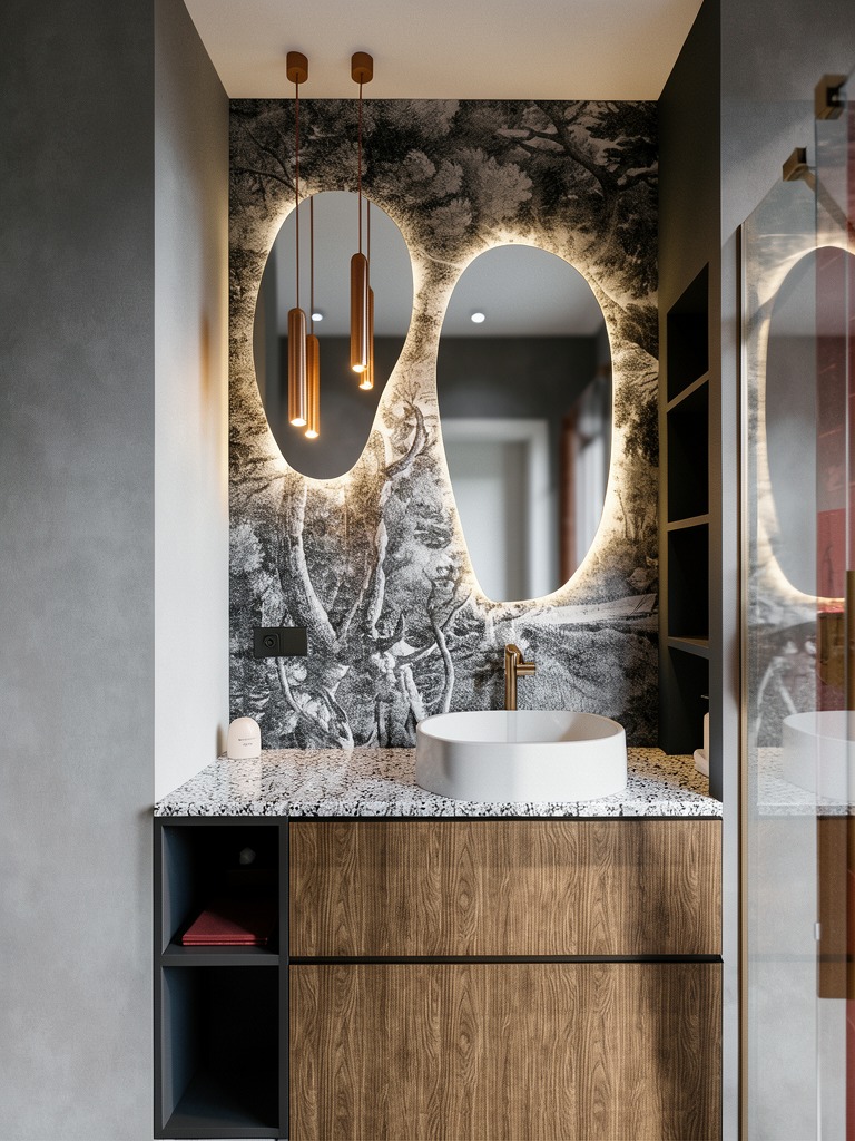 Nowoczesna łazienka z umywalką nablatową, szafką z drewnianym fornirem i podświetlanym lustrem o nieregularnym kształcie na tle tapety w leśny motyw.