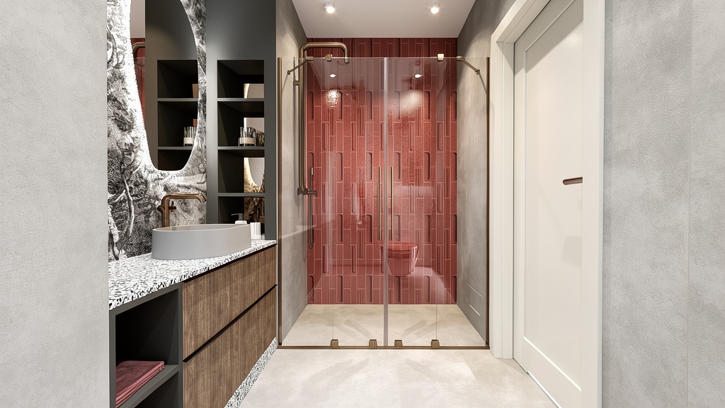 Nowoczesna łazienka z kabiną prysznicową z czerwonymi płytkami, umywalką na blacie z wzorem lastryko i lustrem z motywem drzewa. Minimalistyczny design.