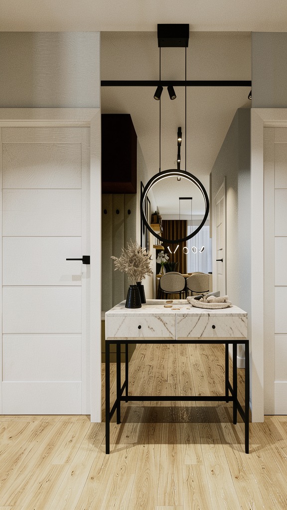 Nowoczesna toaletka z marmurowym blatem i okrągłym lustrem podświetlanym LED, umieszczona w jasnym przedpokoju z drewnianą podłogą i białymi drzwiami.