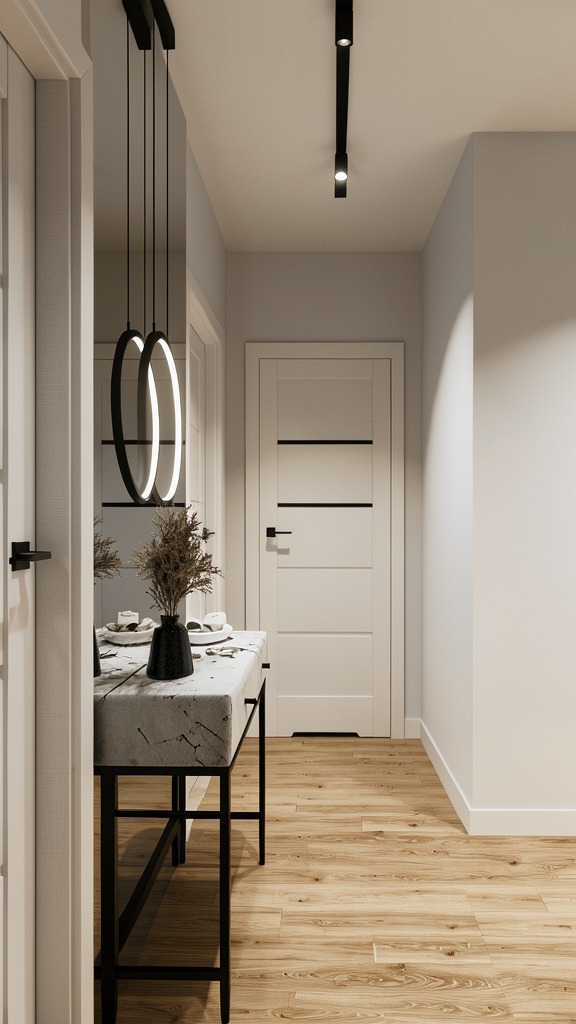 Nowoczesny przedpokój z konsolą z marmurowym blatem, okrągłymi lampami wiszącymi i drewnianą podłogą. Minimalistyczny design z białymi drzwiami i czarnymi akcentami.