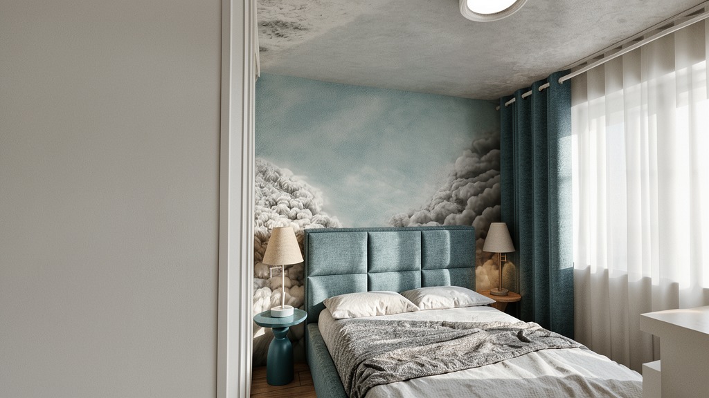 Sypialnia z łóżkiem w odcieniach błękitu, tapetą z motywem chmur i zasłonami w kolorze morskim. Nowoczesny design, lampki nocne i stolik.