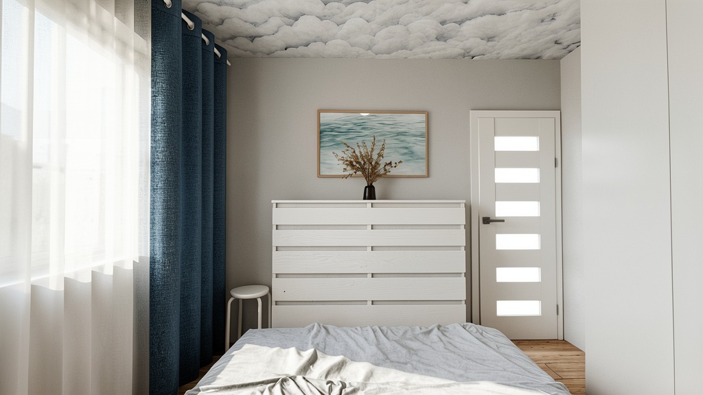 Jasna sypialnia z motywem chmur na suficie. Białe meble, błękitne zasłony i morski obraz nad komodą tworzą spójną, relaksującą przestrzeń. Minimalistyczny design.
