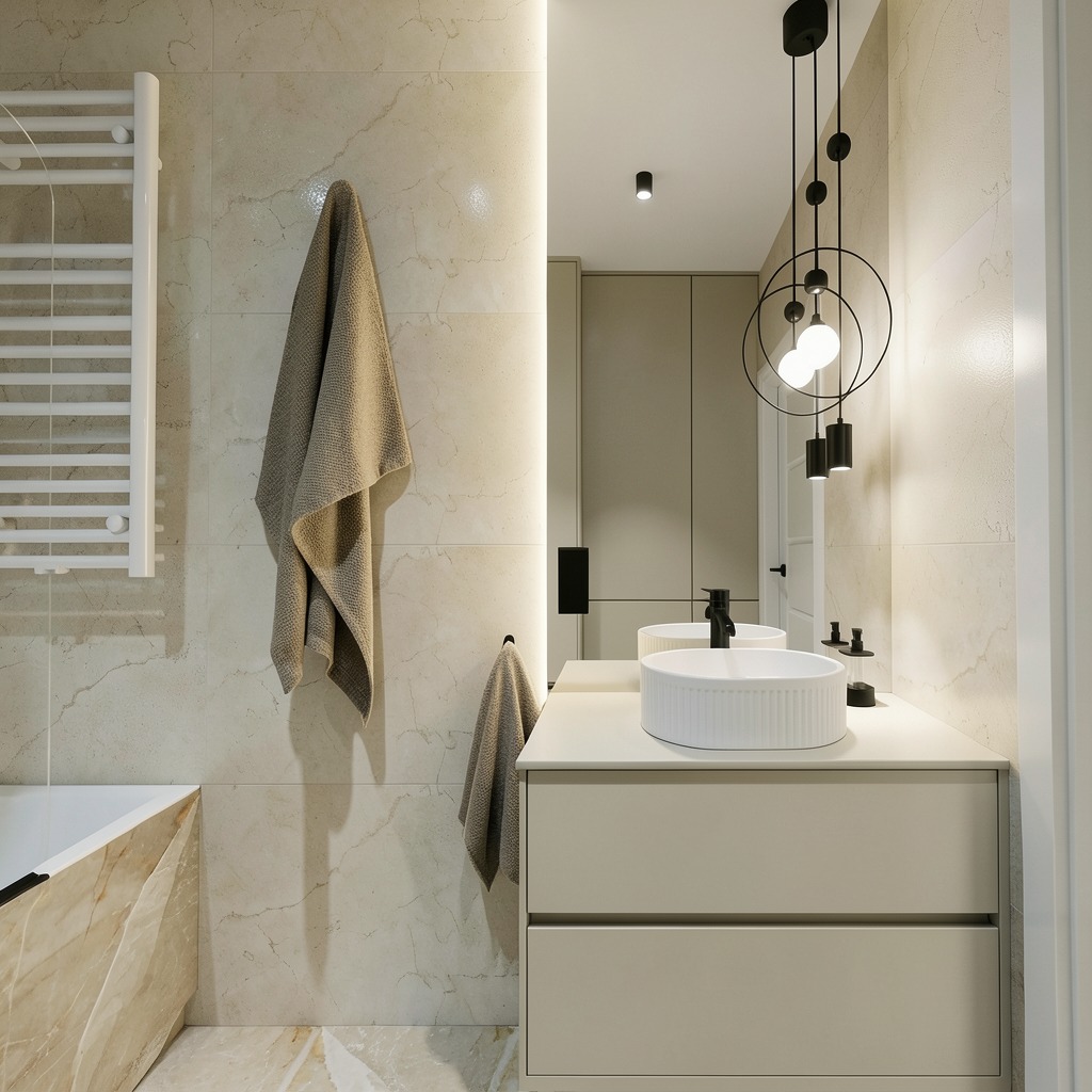 Beżowa łazienka z marmurowymi płytkami, wiszącą szafką z umywalką i dekoracyjną lampą. Minimalistyczny grzejnik drabinkowy i ręczniki dopełniają aranżację.