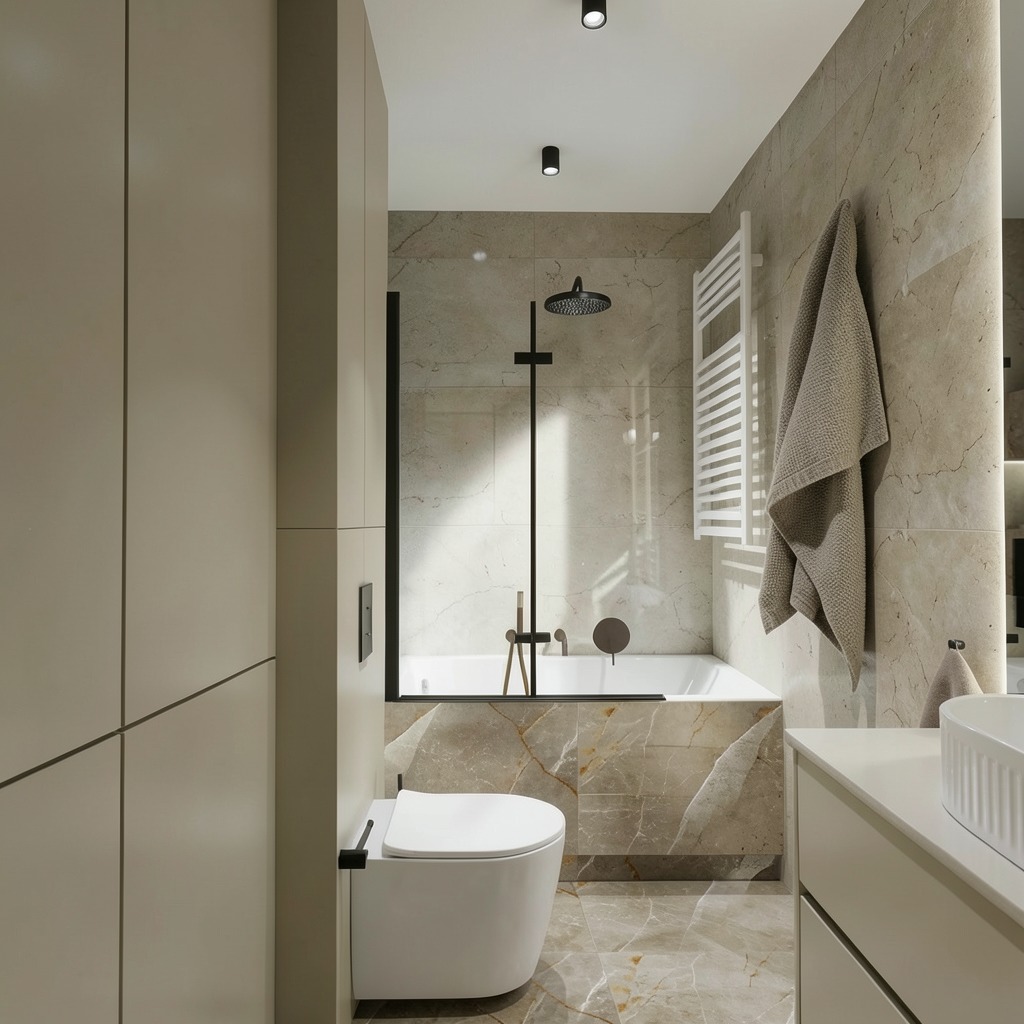 Elegancka łazienka w beżach: marmurowe płytki, kabina prysznicowa z czarnymi detalami, minimalistyczna toaleta i grzejnik drabinkowy. Subtelne oświetlenie.