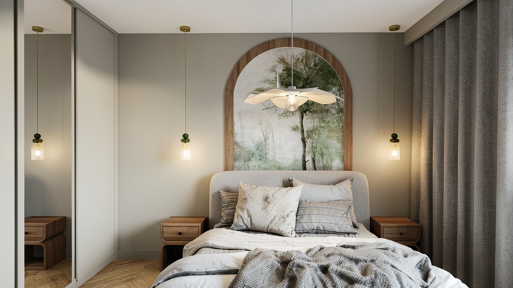 Jasna sypialnia z łóżkiem, drewnianymi szafkami nocnymi i lampami wiszącymi. Nad łóżkiem obraz w drewnianej ramie. Minimalistyczny design z akcentami zieleni.