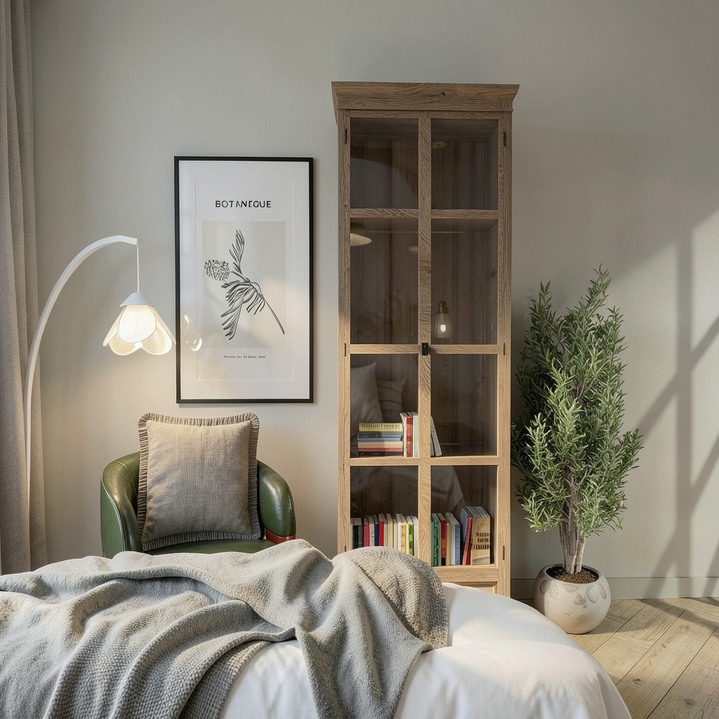 Stylowy pokój z zielonym fotelem, lampą w kształcie kwiatu i drewnianą witryną z książkami. Na ścianie plakat z motywem roślinnym. Całość w jasnych, stonowanych barwach.