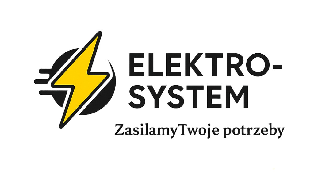 Logo firmy Elektro-System z symbolem błyskawicy w żółto-czarnej kolorystyce i hasłem 'Zasilamy Twoje potrzeby' na białym tle.