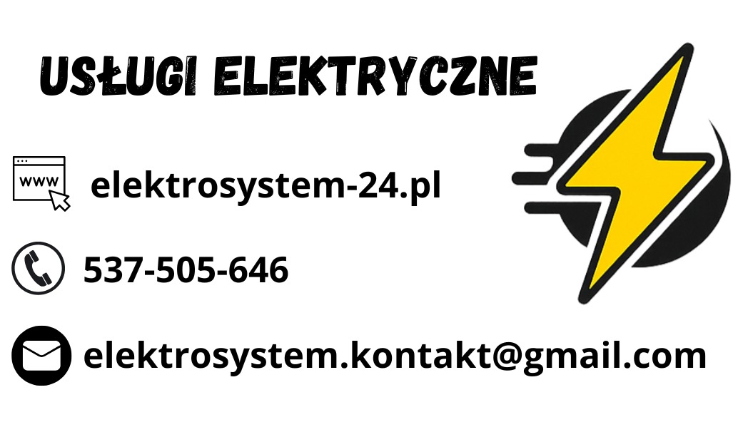 Grafika z napisem 'Usługi Elektryczne', adresem strony elektrosystem-24.pl, numerem telefonu 537-505-646 i adresem e-mail elektrosystem.kontakt@gmail.com.