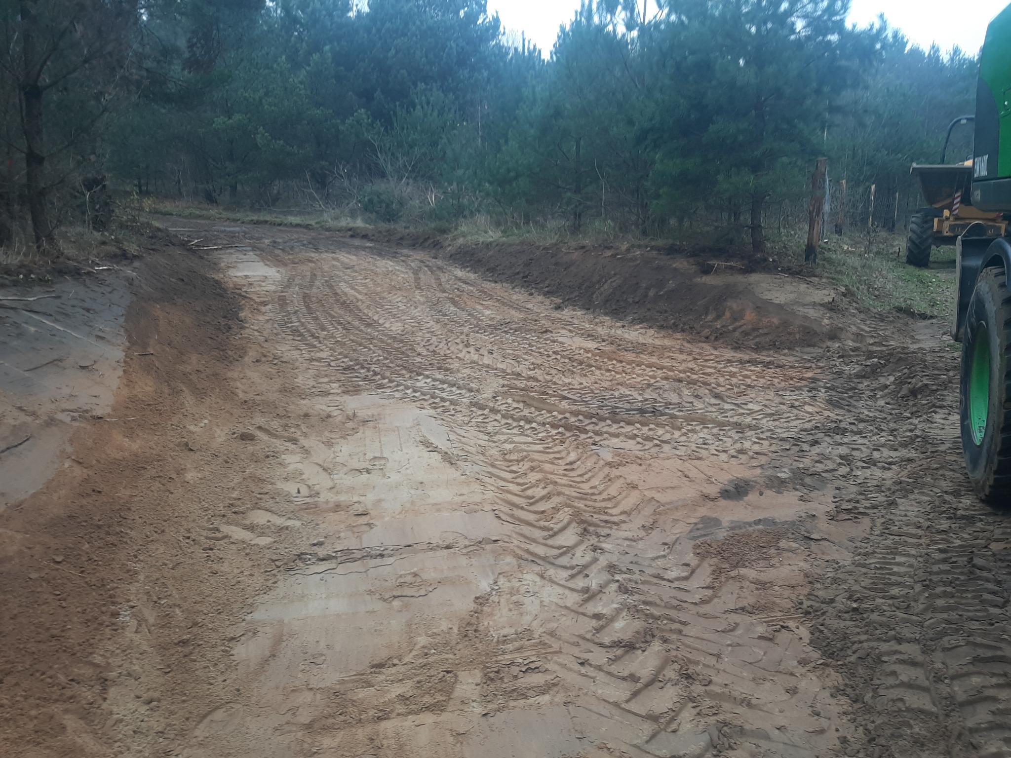 Wyrównany teren pod budowę drogi leśnej, widoczne ślady opon maszyny budowlanej, w tle drzewa iglaste.