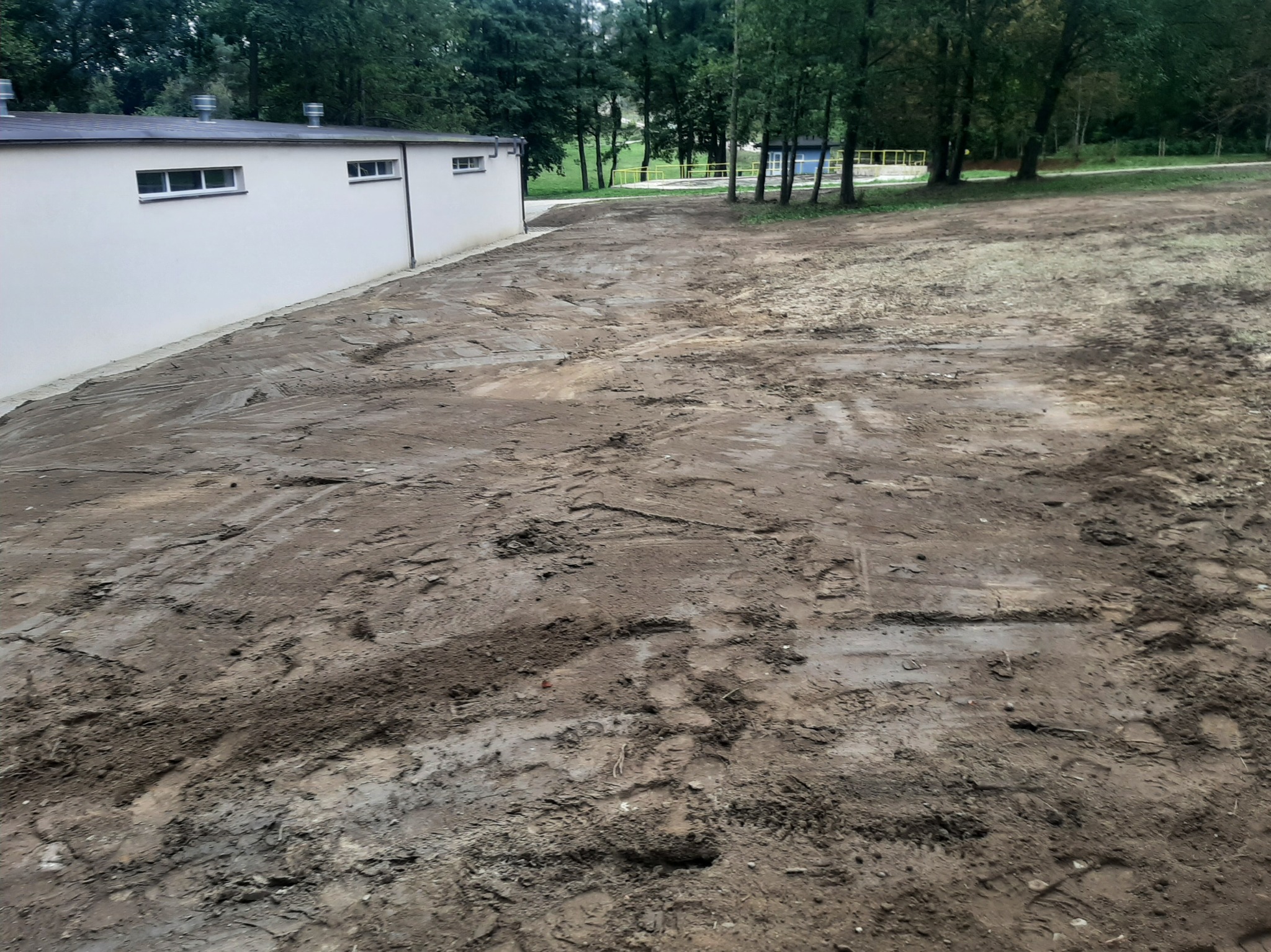 Przygotowany teren pod budowę z widocznymi śladami maszyn. Budynek z oknami w tle, drzewa i krzewy w oddali. Teren wyrównany, gotowy do dalszych prac budowlanych.