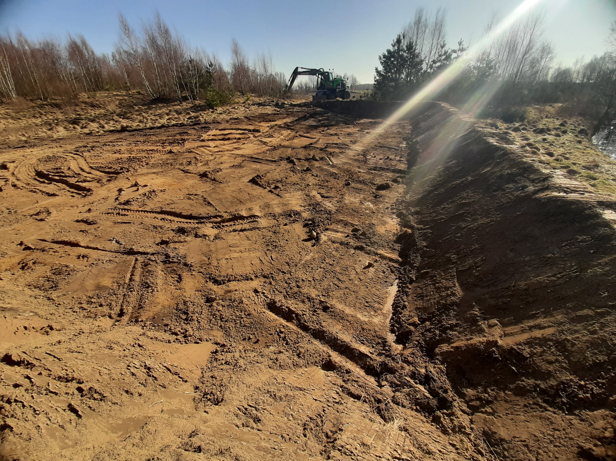 Zielona koparka na placu budowy w słoneczny dzień. Widoczne ślady opon na ziemi i drzewa w tle. Świecące słońce dodaje blasku krajobrazowi.