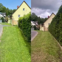 Zdjęcie 'przed i po' koszenia trawy przy żółtym domu z żywopłotem. Po lewej trawa wysoka, po prawej krótko przystrzyżona. Różnica w odcieniach zieleni.