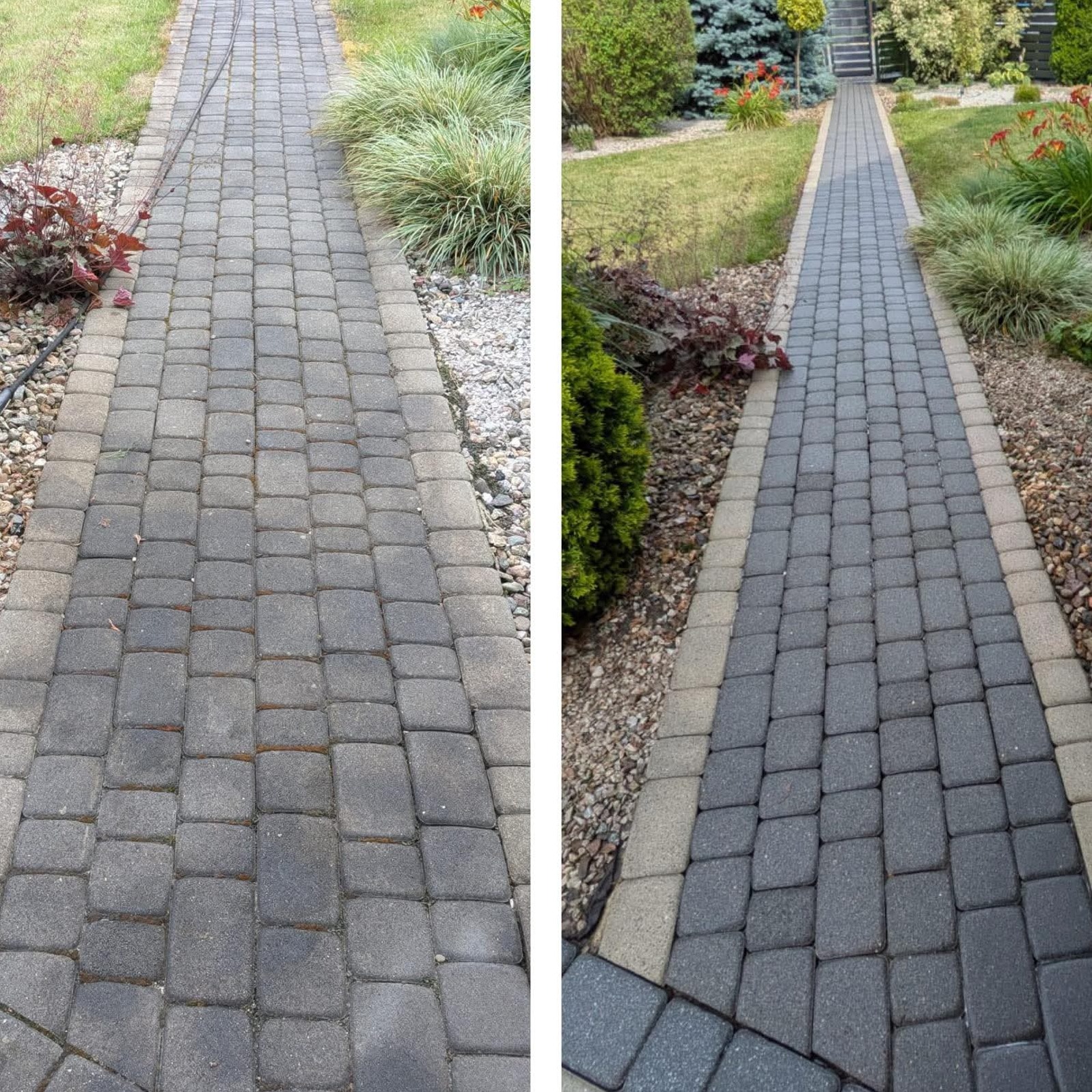 Efekt 'przed i po' mycia kostki brukowej na ścieżce ogrodowej. Po lewej stronie kostka brudna, po prawej czysta, ukazująca intensywny, ciemny kolor.