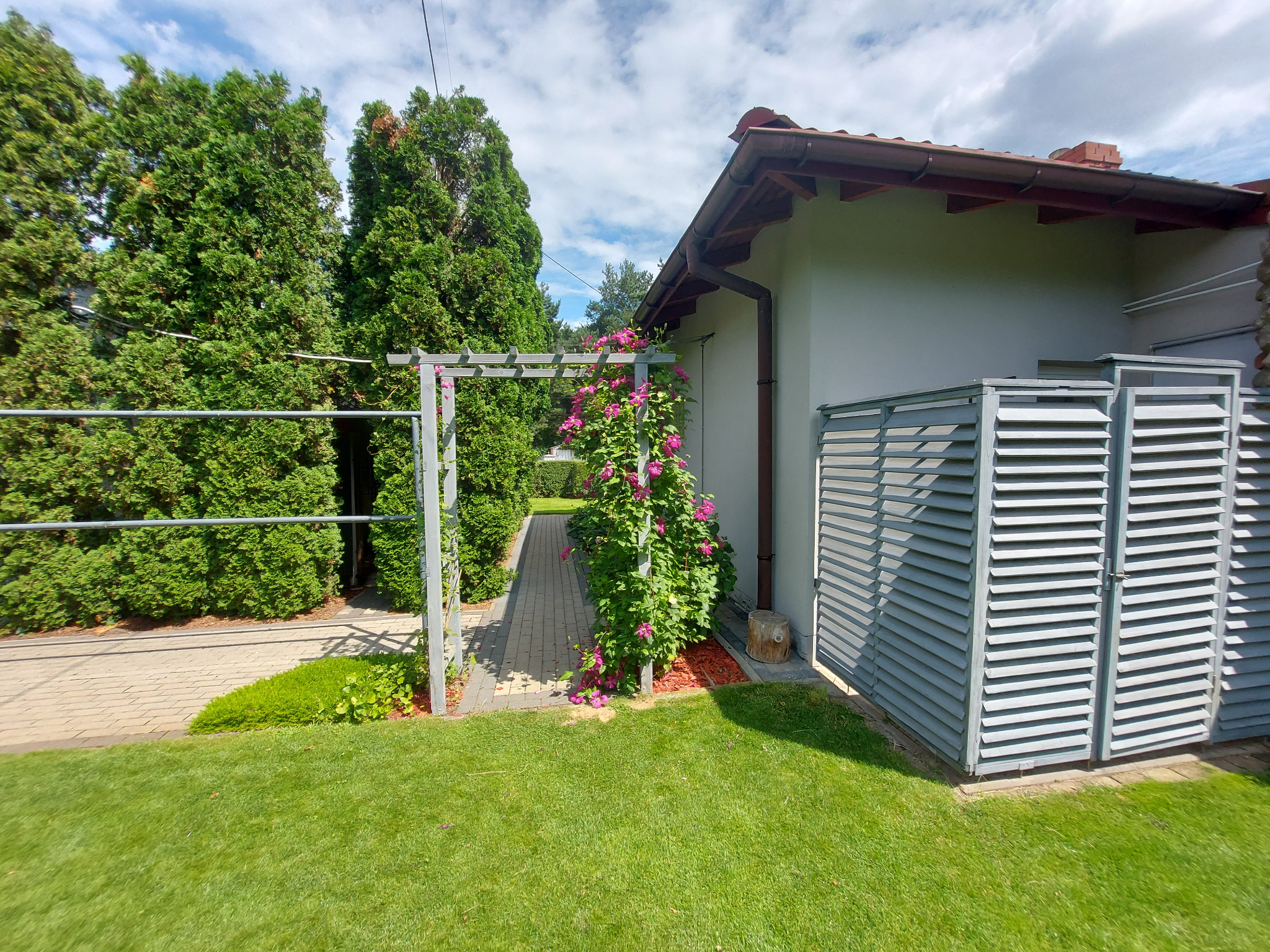 Kwitnąca pergola różowa w ogrodzie z zielonym trawnikiem i ścieżką z kostki, przy budynku z szarymi żaluzjowymi drzwiami. Estetyczny krajobraz w słoneczny dzień.