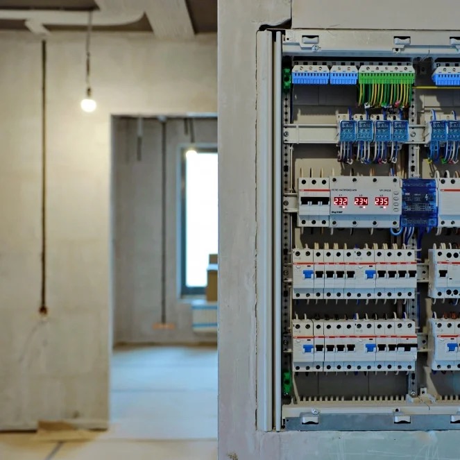 Rozdzielnia elektryczna w surowym wnętrzu. Widoczne zabezpieczenia, przewody i wyświetlacze napięcia. Ściany w szarym tynku, w tle widoczne okno i instalacja.