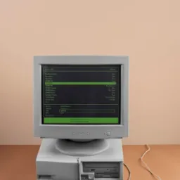 Retro komputer z monitorem wyświetlającym zielony tekst na czarnym tle, klawiatura i mysz na brązowym biurku, kremowe tło. Klasyczny zestaw komputerowy.