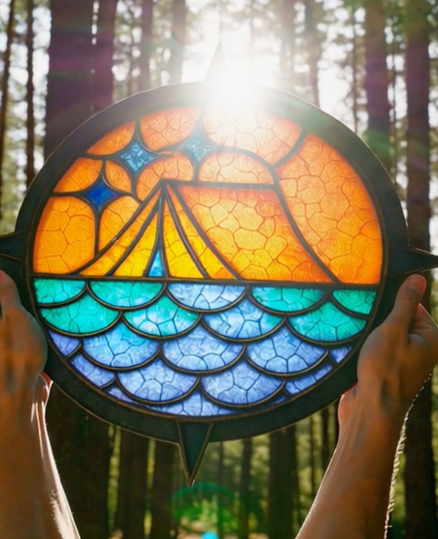 Okrągła, kolorowa dekoracja z motywem słońca, gór i fal, trzymana na tle leśnym w słoneczny dzień. Dekoracja przypomina witraż w stylu fantasy.