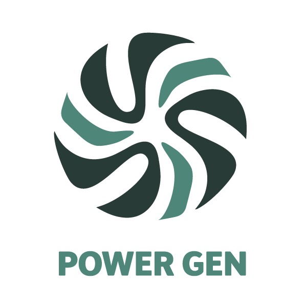 Grafika z abstrakcyjnym symbolem wirującej energii w odcieniach zieleni, nad napisem 'POWER GEN'. Logo utrzymane w nowoczesnym stylu.