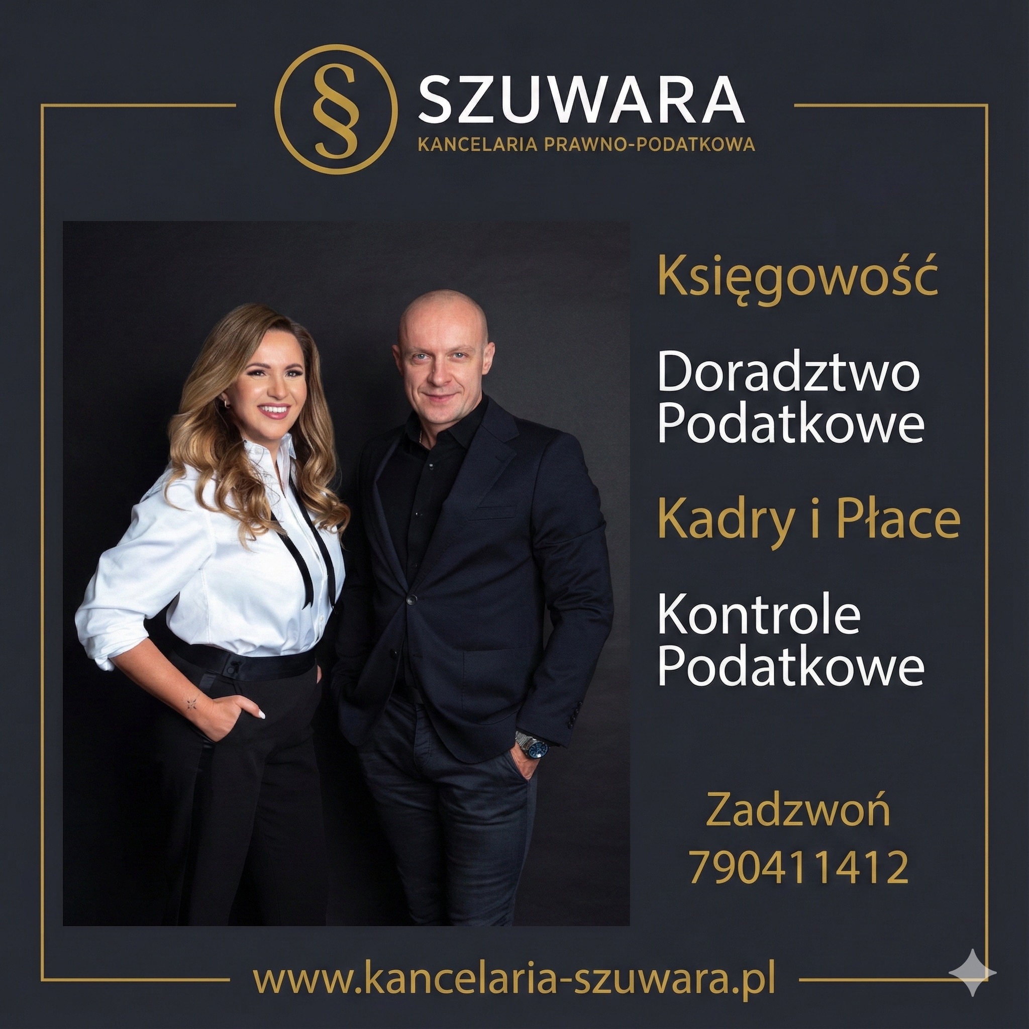 Profesjonalny wizerunek Kancelarii Szuwara: uśmiechnięci doradcy w eleganckich strojach na tle oferty usług: księgowość, doradztwo podatkowe, kadry i płace, kontrole podatkowe.