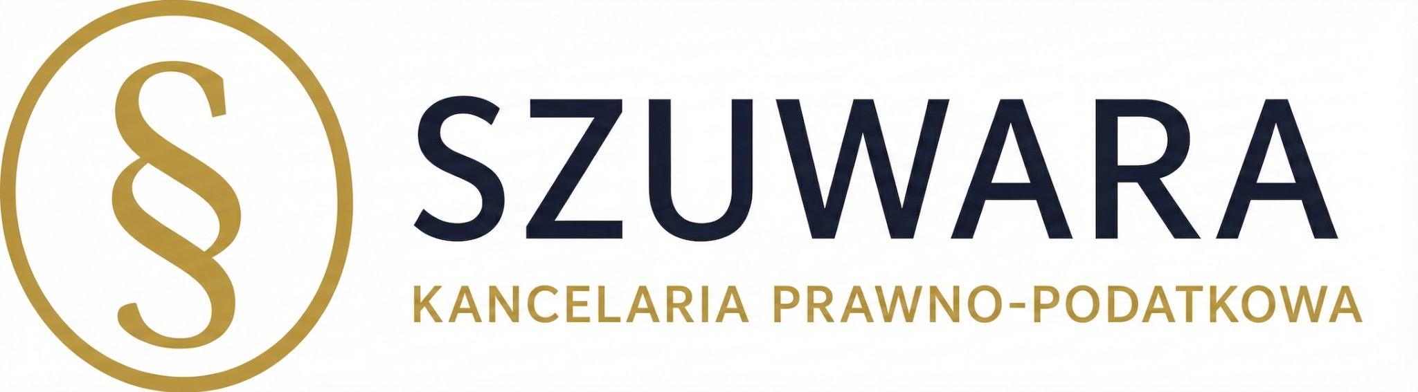 Logo Kancelarii Prawno-Podatkowej Szuwara z symbolem paragrafu w złotym okręgu i nazwą firmy w granatowej czcionce na białym tle.