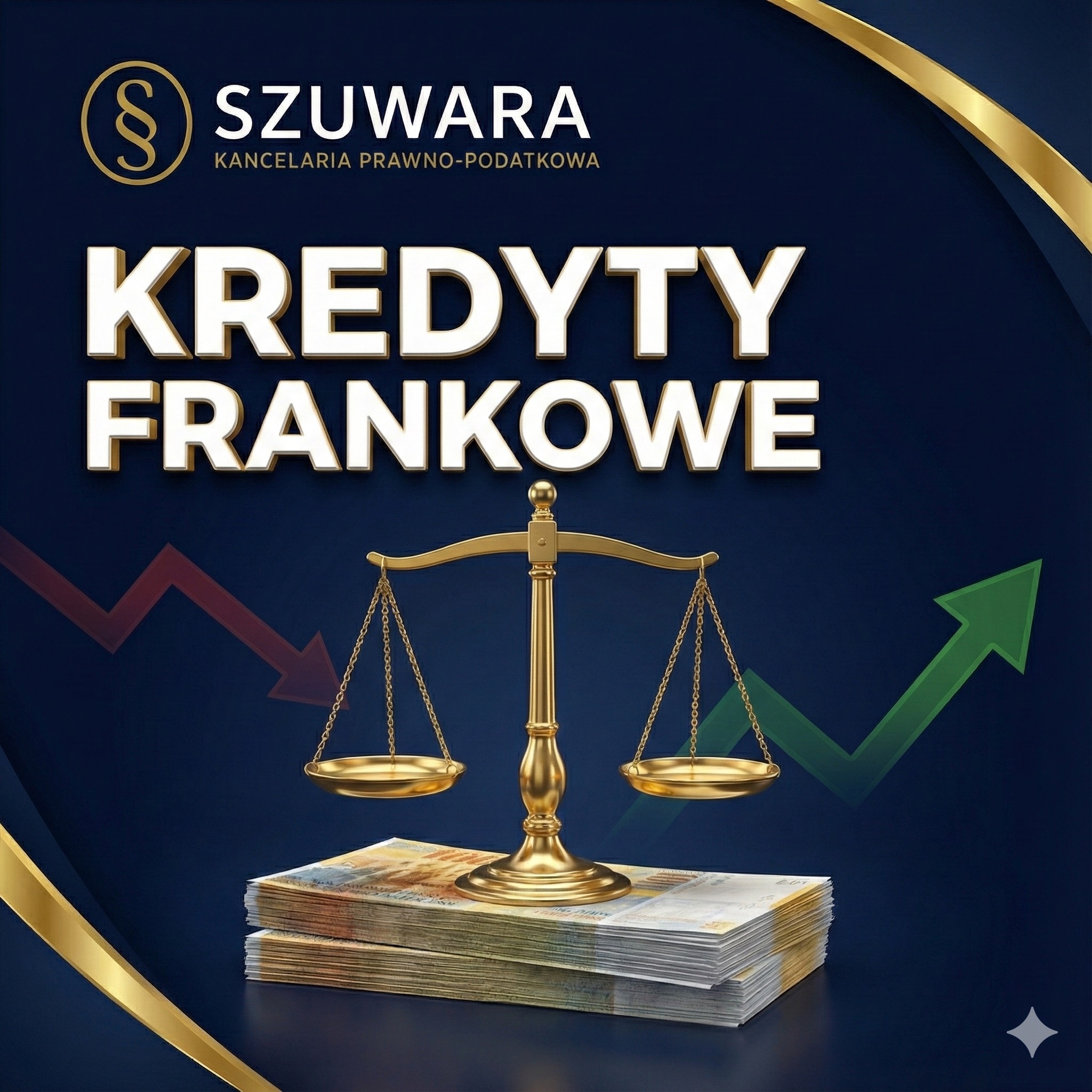 Grafika: Kredyty frankowe, waga sprawiedliwości na tle pieniędzy, strzałki trendów i logo kancelarii prawno-podatkowej Szuwara na granatowym tle.